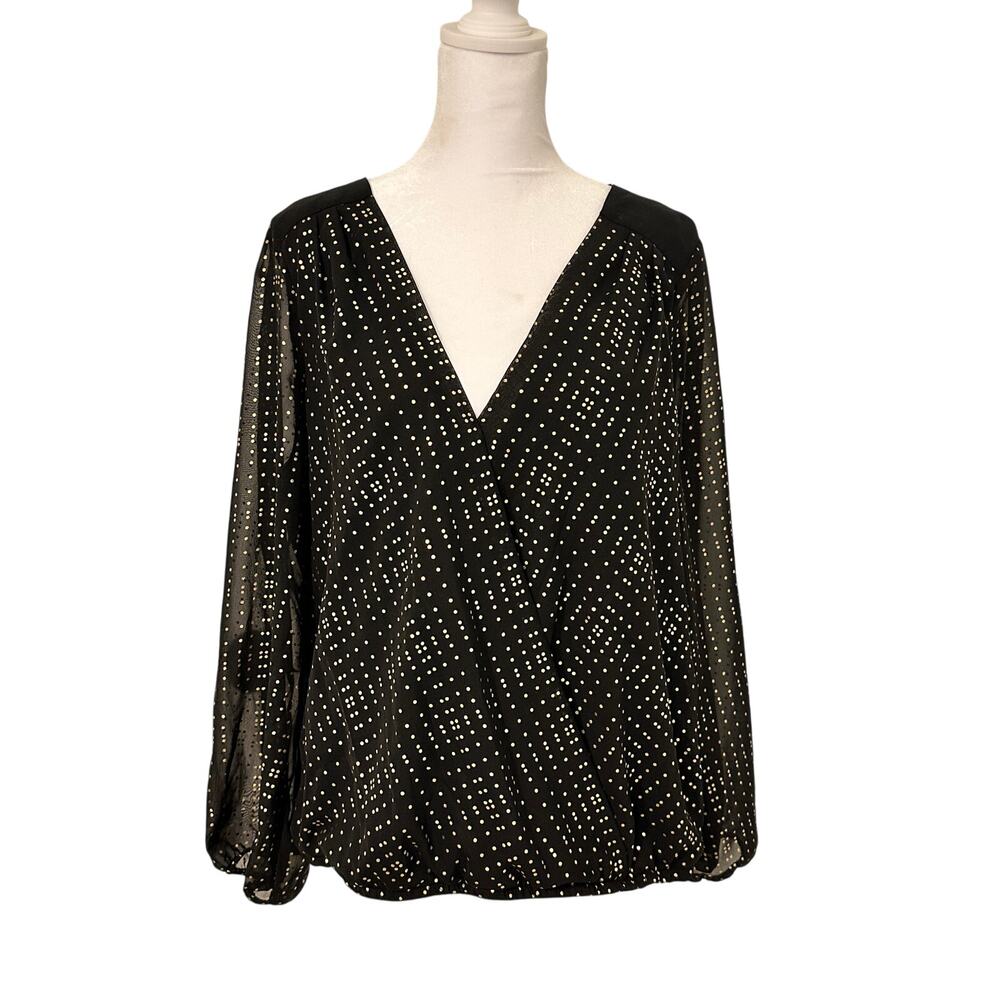 🖤✨ Thalia Sodi Black Gold Dot Blouse Size L - Tie Back Glam - Offers Welcome